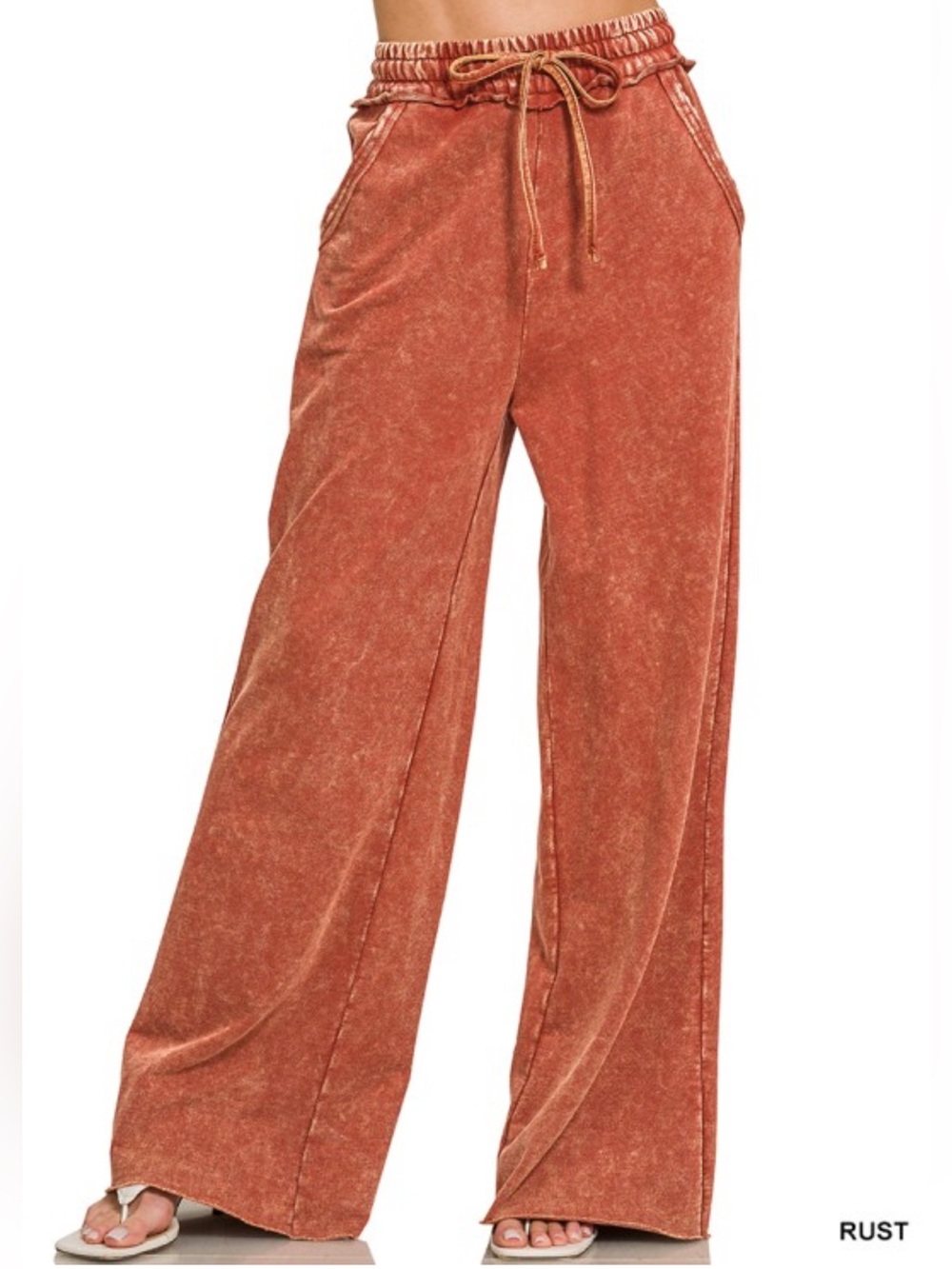 Zenana Rusty Pumpkin Wash Cotton French Terry Wide Leg Pants